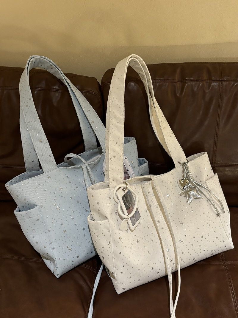 New Korean style star-studded canvas tote bag, large capacity, single shoulder/handbag, commuting/casual bag, versatile style for women