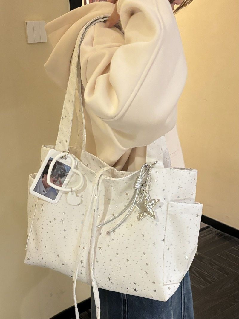 New Korean style star-studded canvas tote bag, large capacity, single shoulder/handbag, commuting/casual bag, versatile style for women