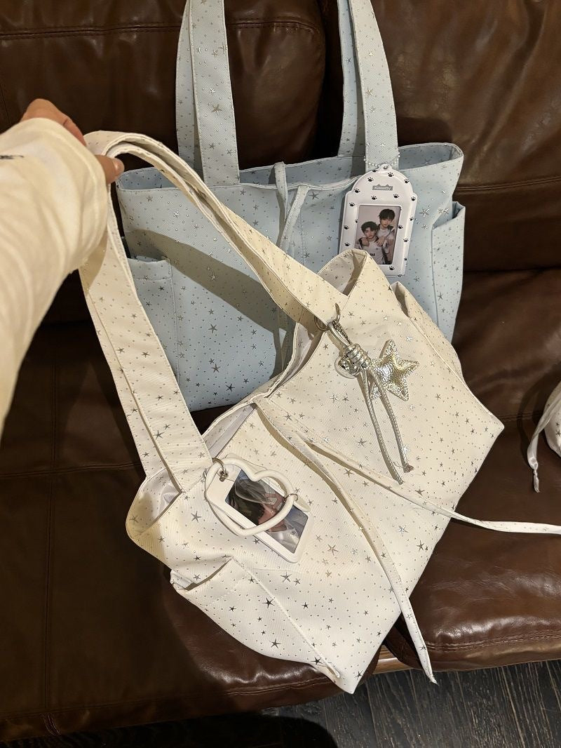 New Korean style star-studded canvas tote bag, large capacity, single shoulder/handbag, commuting/casual bag, versatile style for women