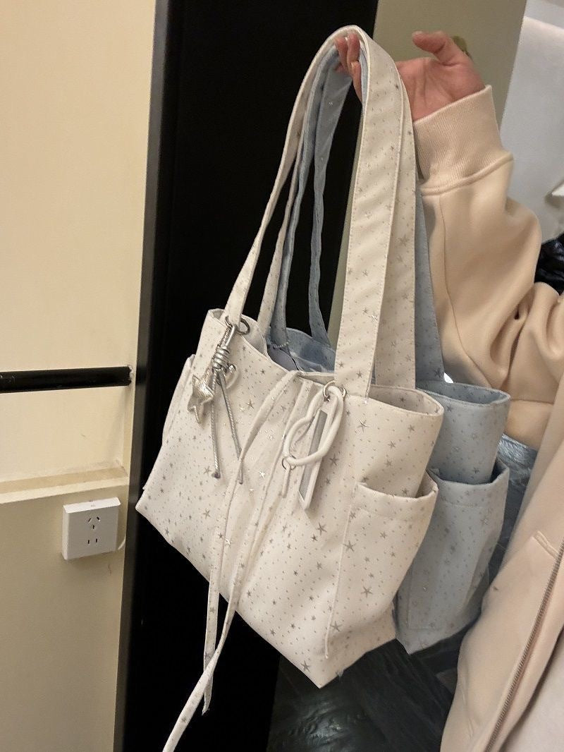 New Korean style star-studded canvas tote bag, large capacity, single shoulder/handbag, commuting/casual bag, versatile style for women